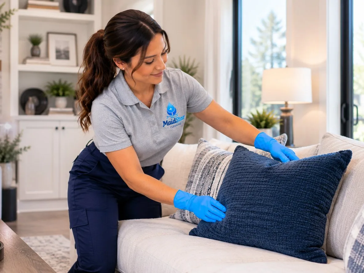 A MaidStar cleaner arranging cushions on a living room sofa