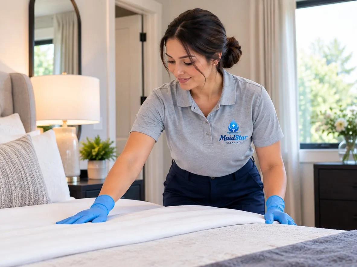 A MaidStar cleaner smoothing the covers on a freshly made bed