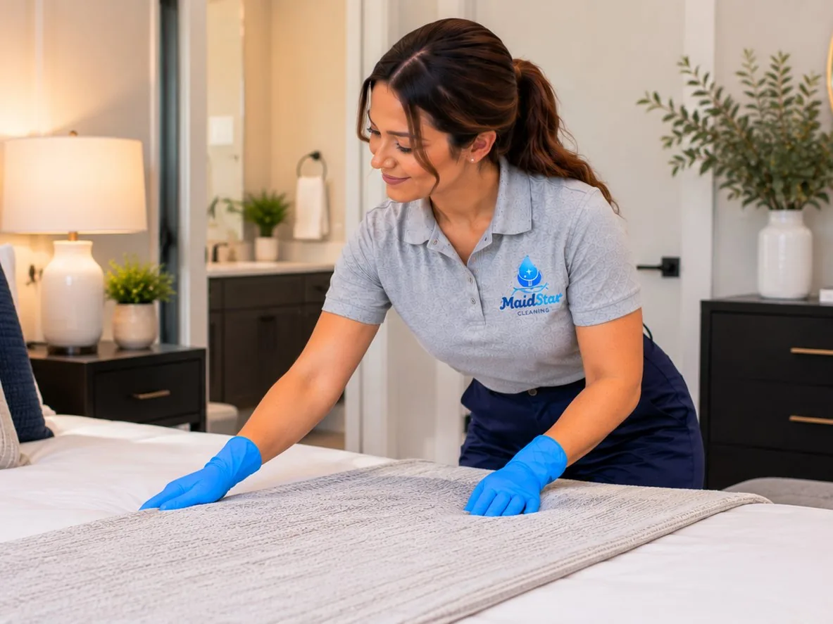 A MaidStar cleaner straightening a blanket on a bed