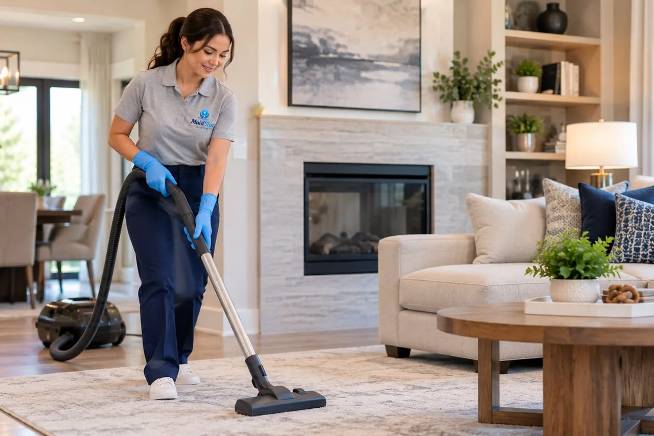 A MaidStar cleaner vacuuming a living room