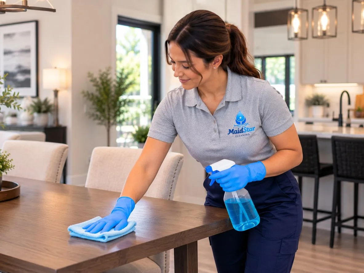 A MaidStar cleaner wiping a dining table